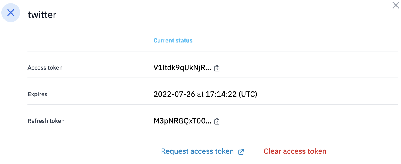 Manage tokens dialog after authorization.